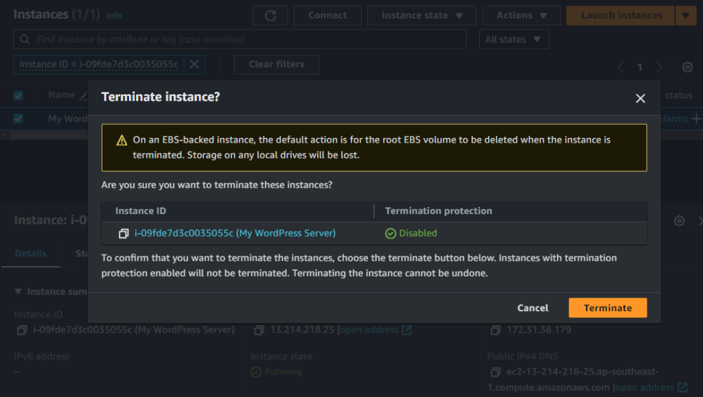 How to deploy EC2 Ubuntu 22.04 LTS on AWS - Terminate instance