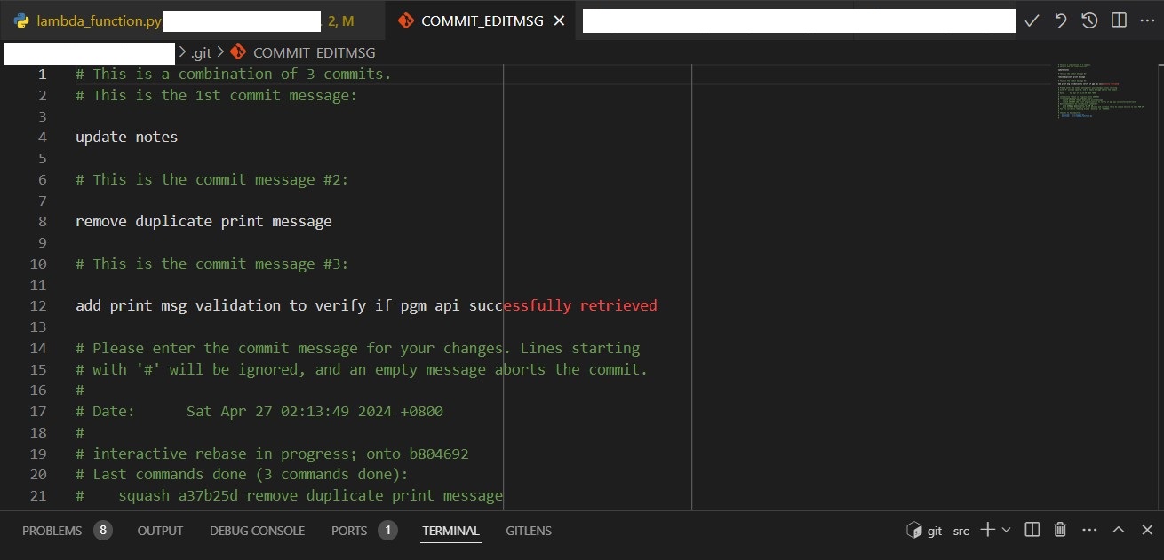 How to combine all commits into one with gitlens interactive rebase in