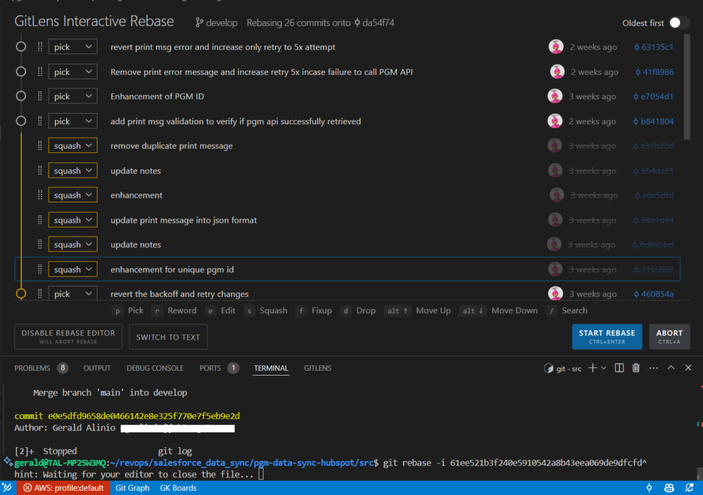 How to Combine All Commits into One with GitLens Interactive Rebase in VSCode