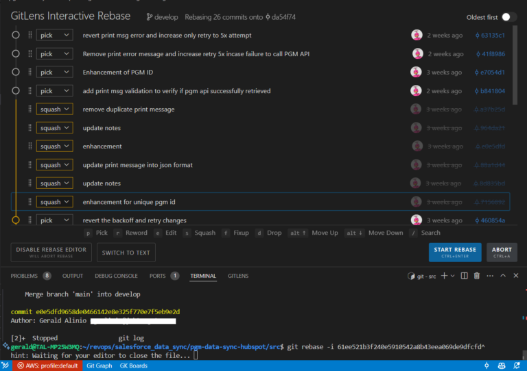 How to combine all commits into one with gitlens interactive rebase in