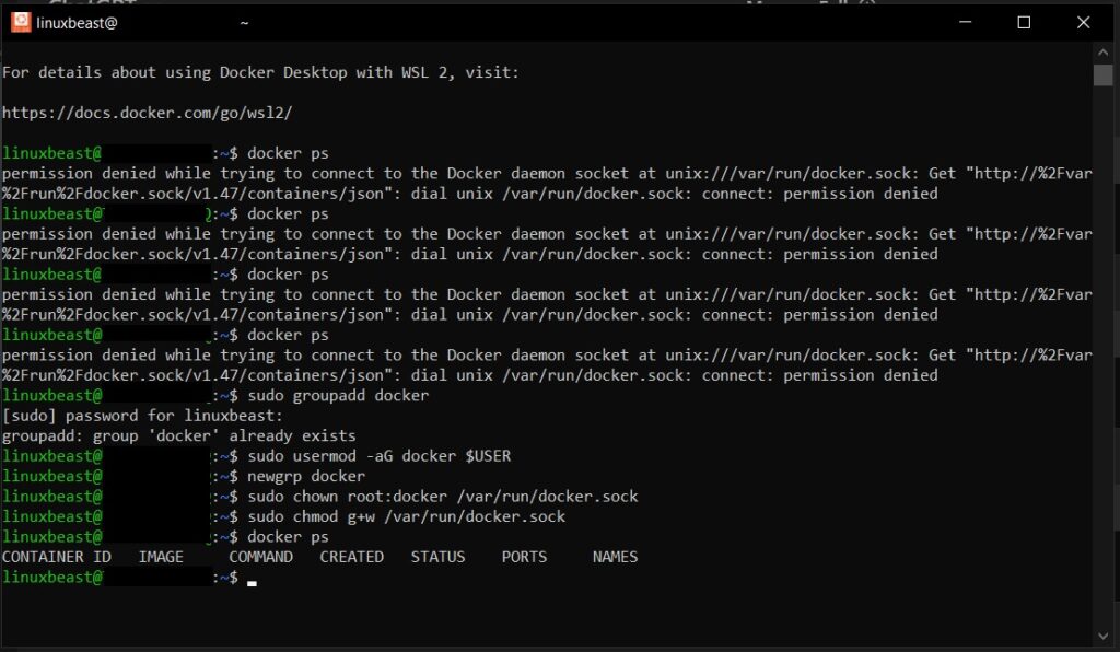 Resolving WSL Permission Denied When Connecting to Docker Daemon